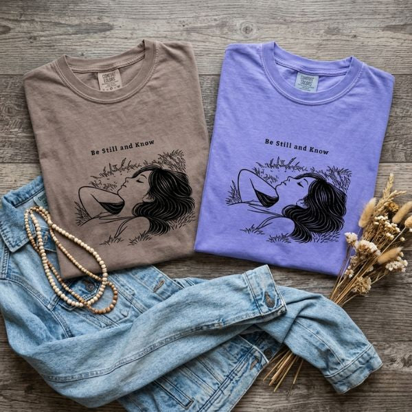 Mockup of a woman wearing a vintage Comfort Colors t-shirt with a minimalist "Be Still and Know" graphic illustration of a girl resting peacefully in the grass, styled with a casual denim jacket. 🌿✨