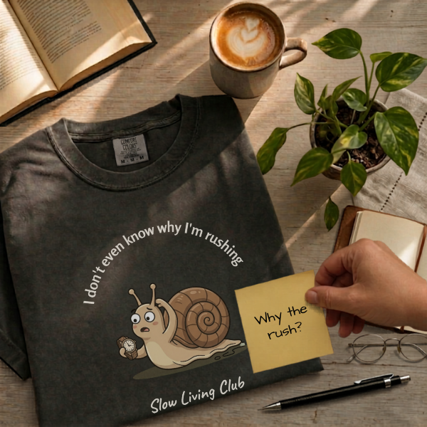 Comfort Colors dark grey t-shirt with a snail holding a clock and the phrase "I don't even know why I'm rushing" — Slow Living Club mindful clothing