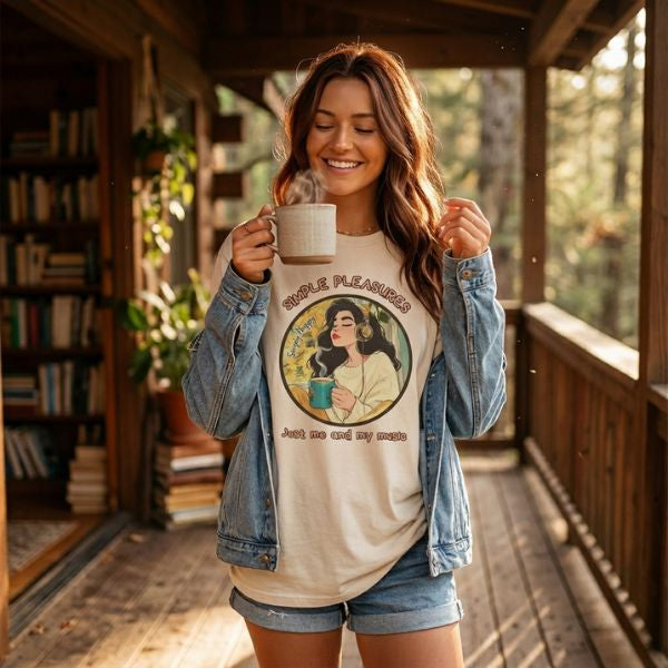 A woman on a cozy porch enjoying a warm drink while wearing a "Simple Pleasures: Just Me and My Music" graphic tee, embodying a mindful, slow living lifestyle.