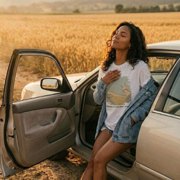 Woman wearing a white graphic tee with an illustration of a hand reaching out of a car window, enjoying a peaceful moment in a golden hour field.