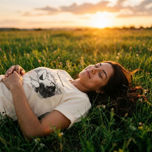 Woman lying peacefully in a field at sunset wearing a graphic tee that says "Be Still and Know," embodying a slow living and mindful lifestyle.
