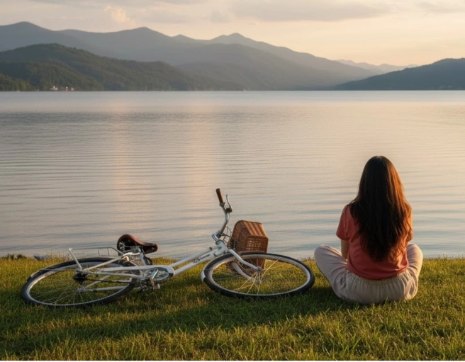 Woman sitting on grass by a calm lake at sunset, with a white bicycle beside her and mountains in the background