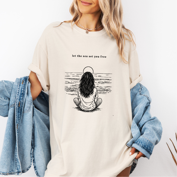Quiet by the Sea Graphic Tee – Feminine Ocean Line Art Shirt | Comfort Colors Aesthetic Tee