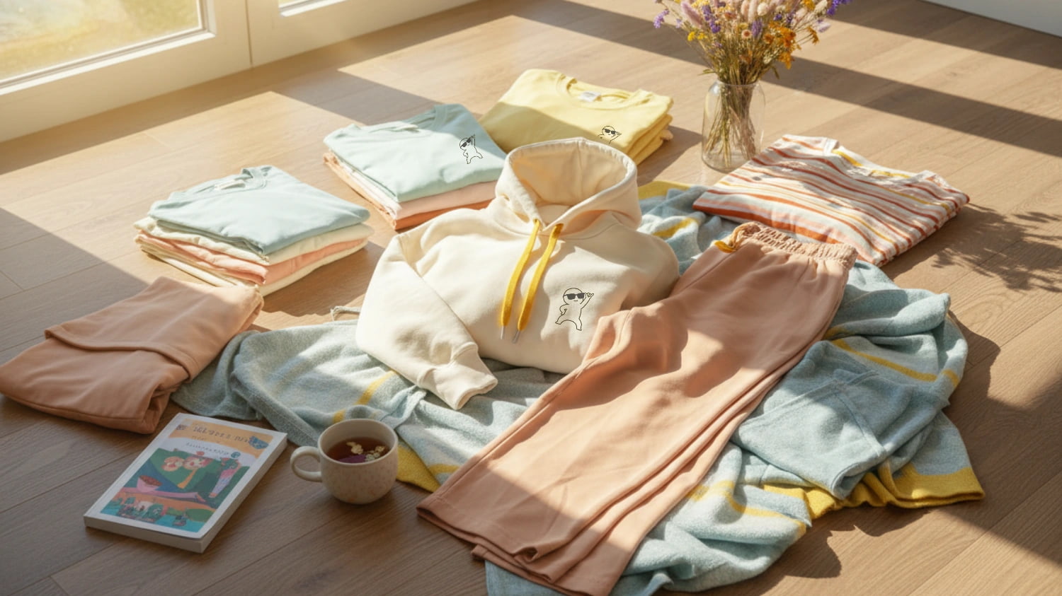 Cozy clothing collection laid out on a wooden floor in warm morning light, with a cup of tea and wildflowers nearby