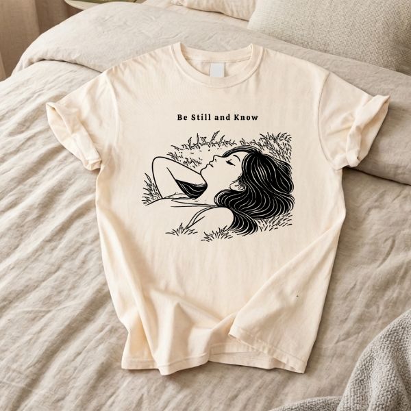 Ivory Comfort Colors t-shirt with Be Still and Know line art illustration of a woman resting in tall grass, laid flat on a linen bed