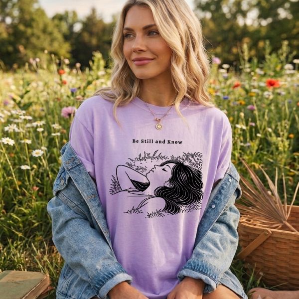Woman wearing a lavender Comfort Colors t-shirt with Be Still and Know illustration, sitting in a wildflower field with a denim jacket and picnic basket 