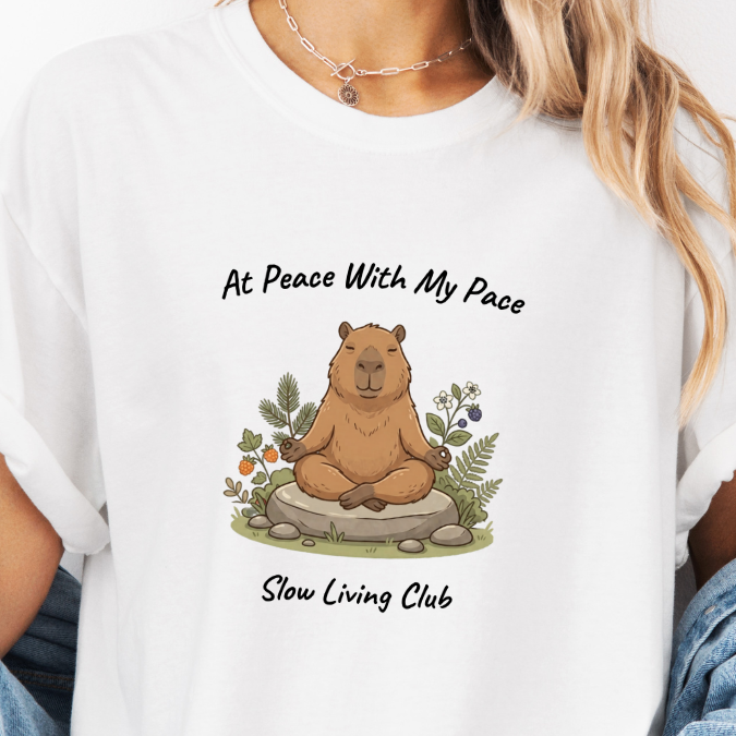 White capybara graphic tee with At Peace With My Pace text and Slow Living Club artwork.