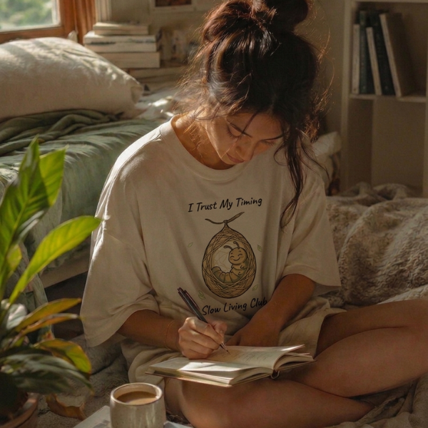 Woman wearing I Trust My Timing caterpillar 
cocoon graphic tee in Ivory journaling in 
a cozy bedroom with plants – Slow Living 
Club Comfort Colors shirt