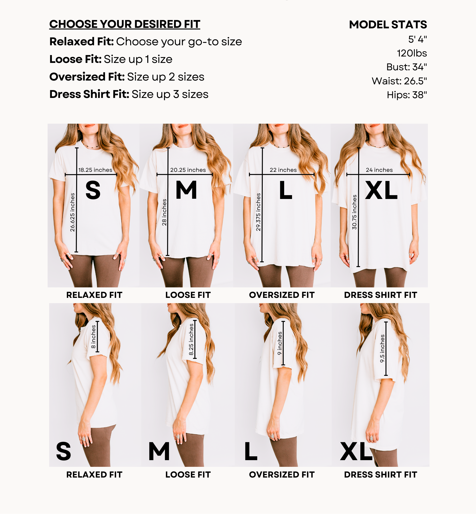 Comfort Colors 1717 size guide showing relaxed, 
loose, oversized and dress shirt fit options 
for sizes S to XL with measurements in inches