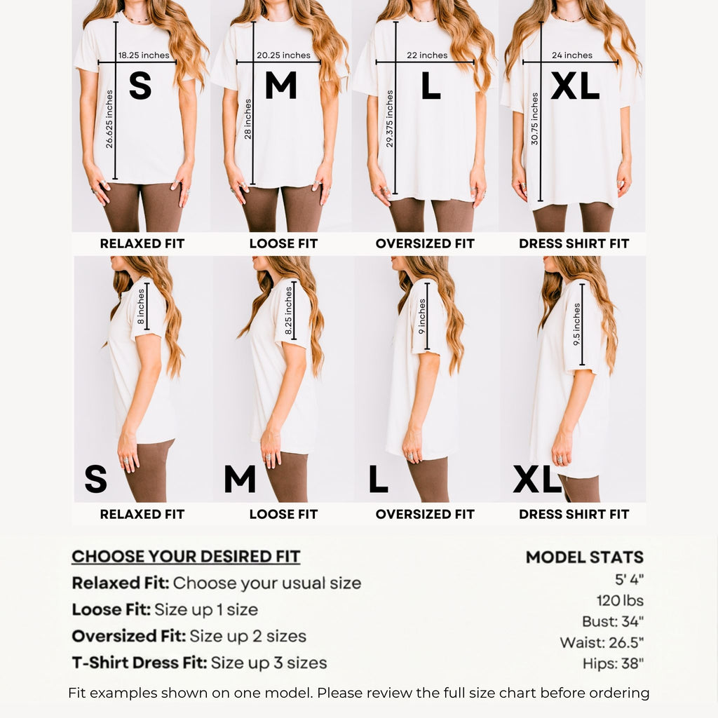 Comfort Colors 1717 fit guide comparing relaxed, loose, oversized and dress fits in sizes S to XL