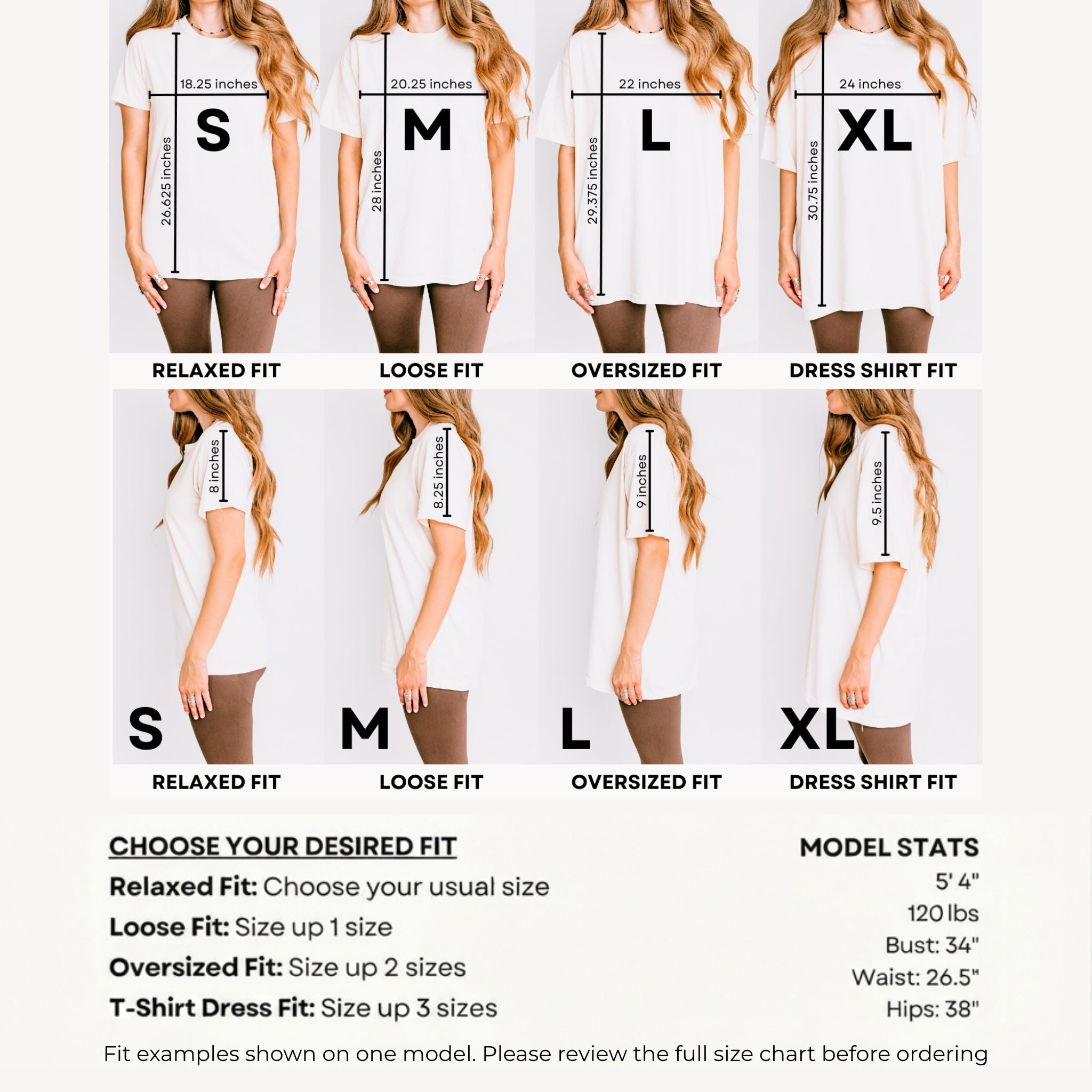 Comfort Colors 1717 fit guide comparing relaxed, loose, oversized and dress fits in sizes S to XL