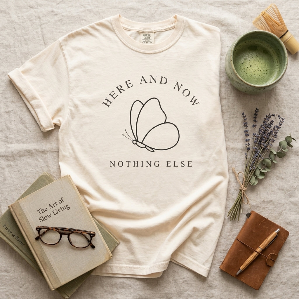 Product photograph of an ivory Comfort Colors t-shirt with a centered minimalist black line art butterfly design and the text "HERE AND NOW" above and "NOTHING ELSE" below.