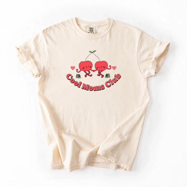 Cool Moms Club Cherry Comfort Colors ivory t-shirt with kawaii dancing cherry characters holding hands and hearts – cute Mother's Day gift for mom