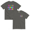 Cool Moms Club Comfort Colors charcoal t-shirt with colorful Y2K multicolor front and back print featuring retro flowers and smiley – Mother's Day gift for mom