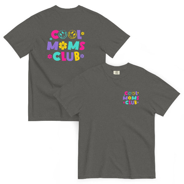 Cool Moms Club Comfort Colors charcoal t-shirt with colorful Y2K multicolor front and back print featuring retro flowers and smiley – Mother's Day gift for mom