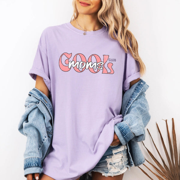 Cool Moms Club Comfort Colors orchid lavender t-shirt with bold pink retro typography – funny Mother's Day gift for mom