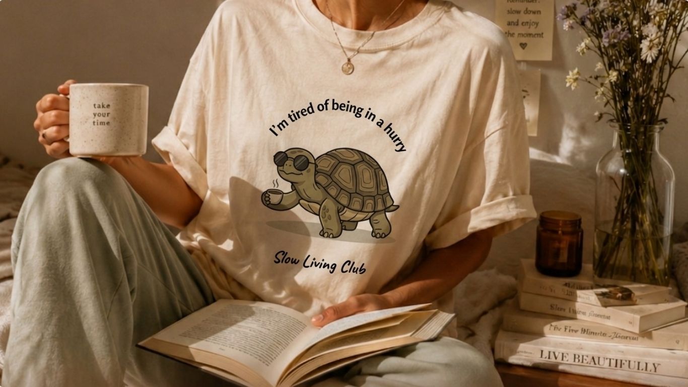 Minimalist slow living graphic t-shirts collage featuring a cartoon turtle, snail, and sloth in ivory, sage, and blue colors by Simply Happy Wear.
