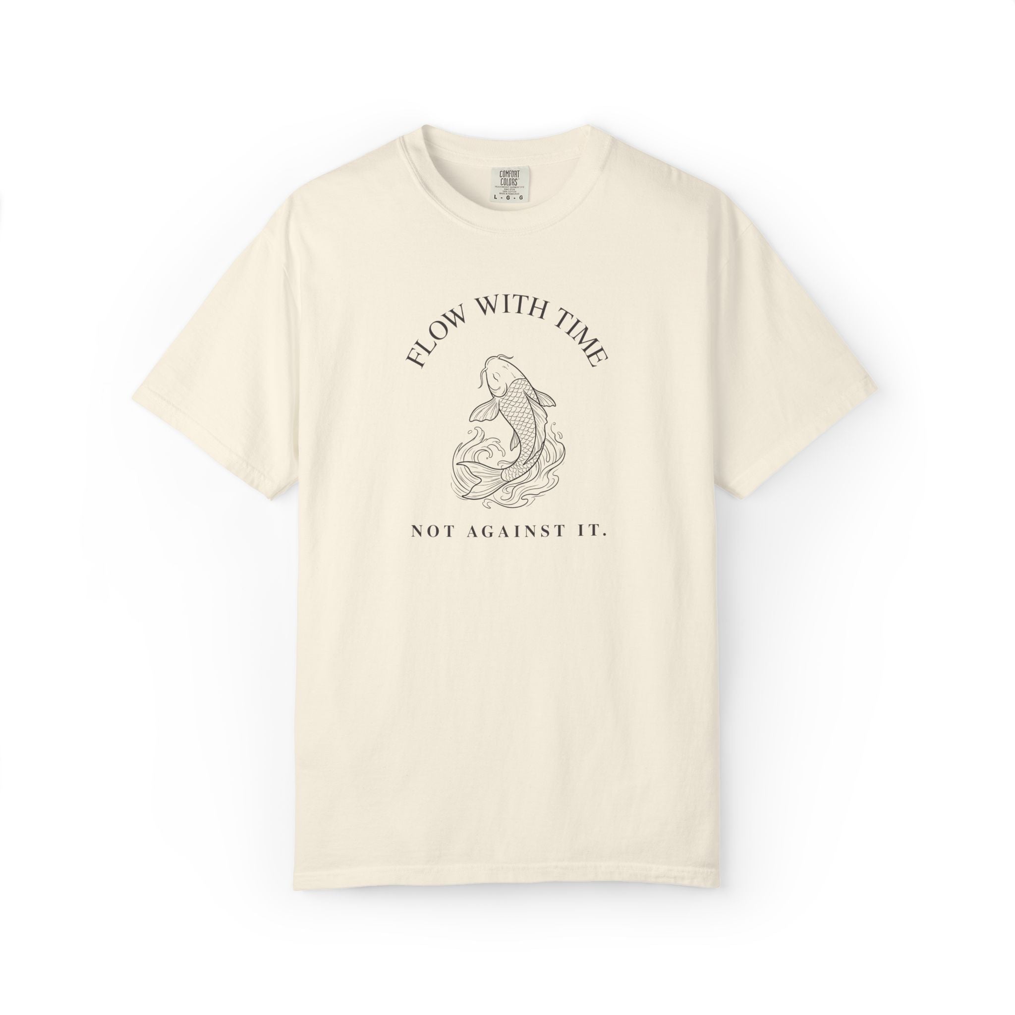 Front product view of an ivory Comfort Colors t-shirt with the Flow With Time koi fish design
