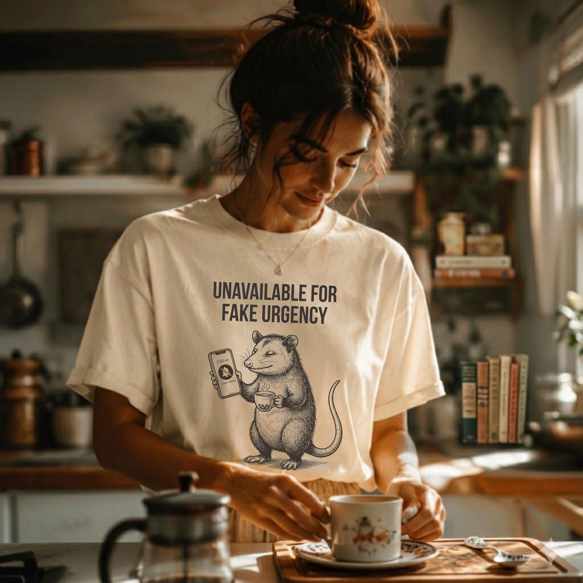 Woman wearing a cream "Unavailable for Fake Urgency" opossum graphic tee, holding a coffee cup with phone on silent mode, in a cozy kitchen setting — Hustle Detox Comfort Colors shirt