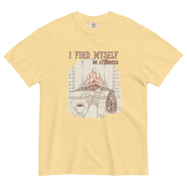 I Find Myself in Stillness graphic t-shirt in soft yellow with cozy fireplace illustration – mindful living gift for her