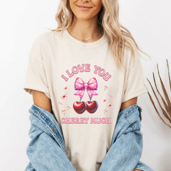 I Love You Cherry Much Comfort Colors ivory t-shirt with heart cherries polka dot bow and floral details – sweet Mother's Day gift for mom