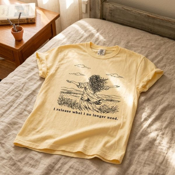 Butter yellow Comfort Colors t-shirt with I release what I no longer need field illustration laid on a linen bed with warm morning light, a wooden nightstand with books and a small plant nearby