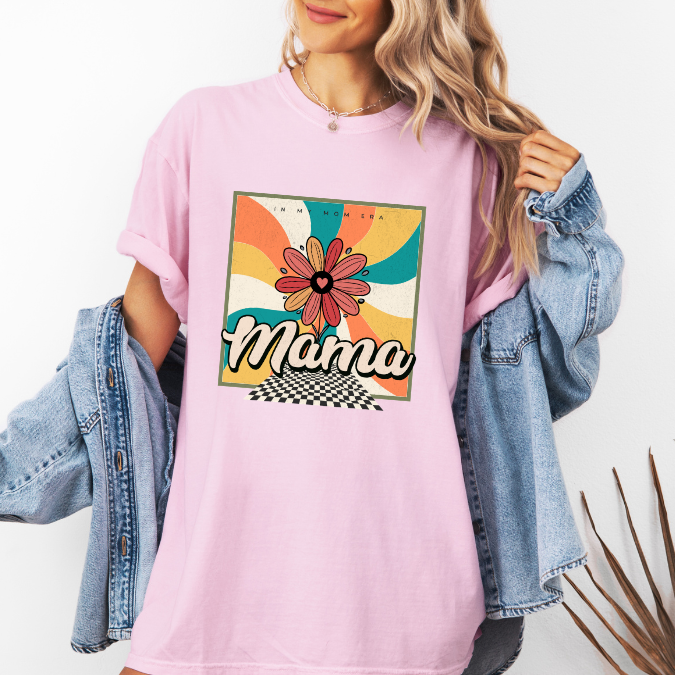 Pink Comfort Colors graphic tee with a colorful retro floral “In My Mom Era” design and bold mama lettering
