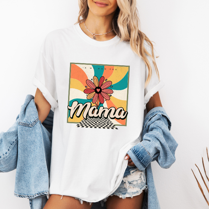 White Comfort Colors graphic tee with a colorful retro floral “In My Mom Era” design and bold mama lettering