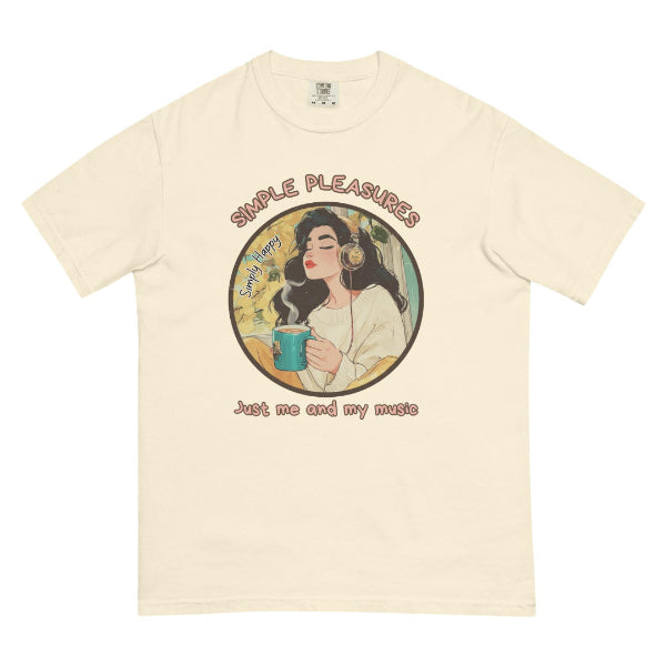 Cream unisex t-shirt with a vintage retro illustration of a woman with closed eyes wearing gold headphones and holding a turquoise cup of tea — Just Me and My Music lo-fi self-care graphic tee by Simply Happy Wear