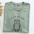 Bay Comfort Colors owl T-shirt with Less Rush More Presence design styled with a necklace