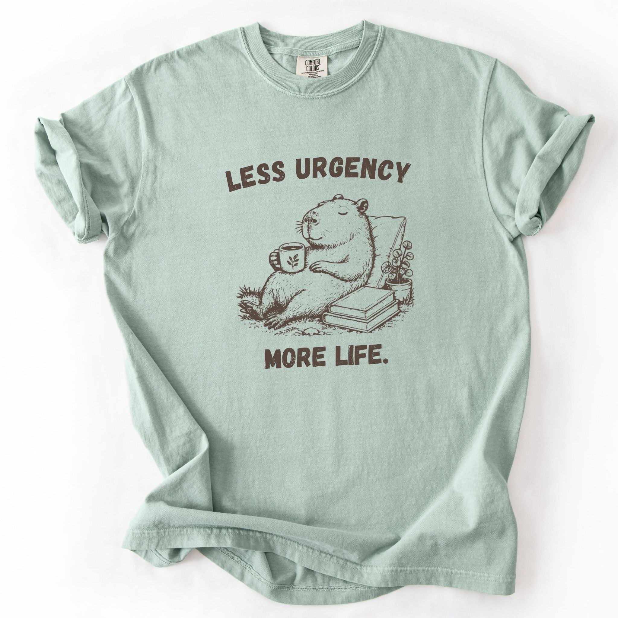 Less Urgency More Life capybara Comfort Colors tee in Bay green, flat lay product photo