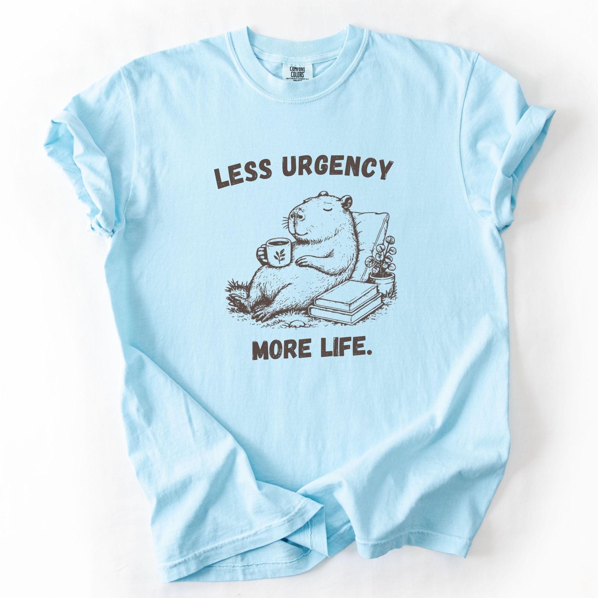 Less Urgency More Life capybara Comfort Colors tee in Chambray blue, flat lay product photo