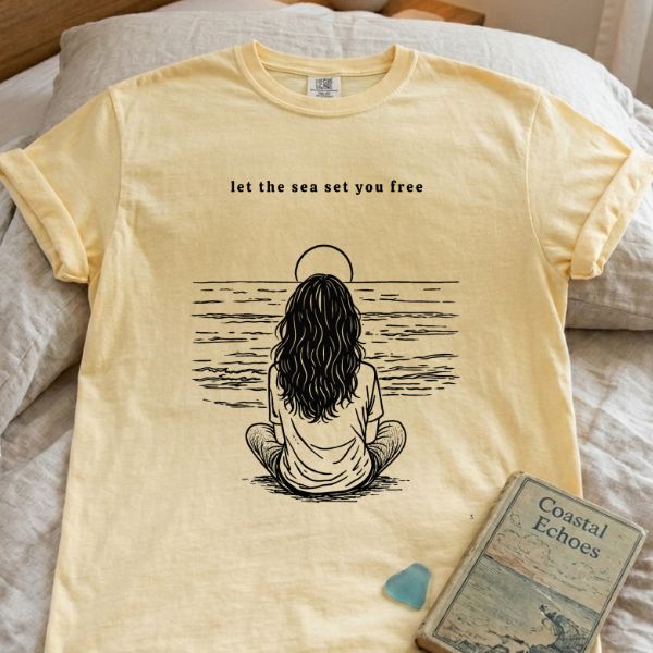 Butter yellow Comfort Colors t-shirt with let the sea set you free ocean meditation illustration laid flat on a linen bed next to a vintage book titled Coastal Echoes and a small sea glass