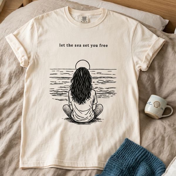 Ivory Comfort Colors t-shirt with let the sea set you free line art of a woman facing the ocean, laid flat on a linen bed next to a ceramic mug with a wave illustration and a folded blue knit blanket