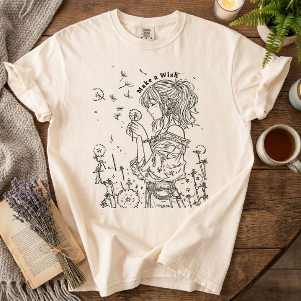 Ivory Comfort Colors t-shirt with Make a Wish dandelion girl line art illustration laid flat on a wooden surface, surrounded by lavender stems, an open book, a knit blanket, fern leaves, and a ceramic mug of tea