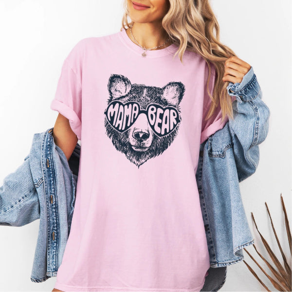 Mama Bear Comfort Colors graphic t-shirt with heart-shaped sunglasses illustration – cute Mother's Day gift for mom