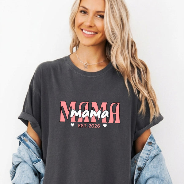 Mama Est. Comfort Colors charcoal t-shirt with bold pink layered typography and hearts – personalized custom year new mom Mother's Day gift