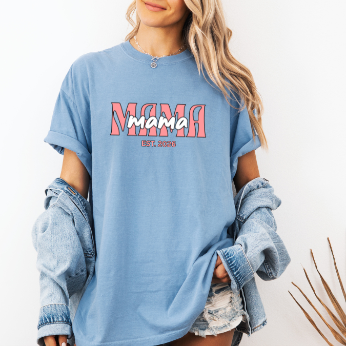 Washed Denim Comfort Colors t-shirt with layered pink MAMA text and a customizable EST. year design for new moms