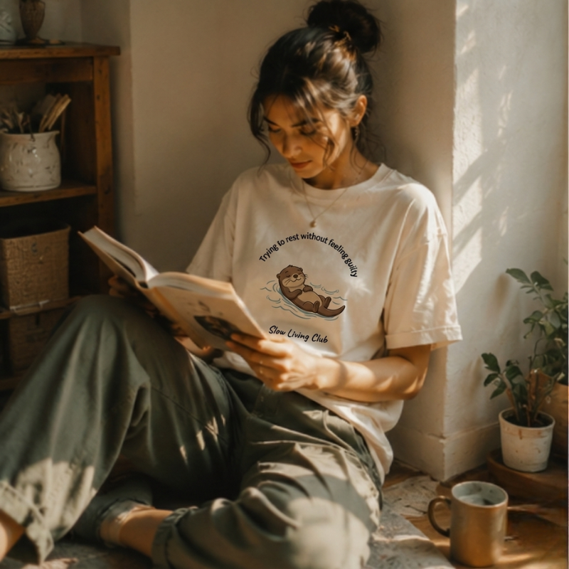 Woman wearing Trying to Rest Without Feeling 
Guilty otter graphic tee in Ivory reading 
a book by a window with plants and coffee 
– Slow Living Club Comfort Colors shirt