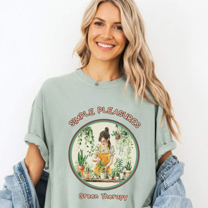 Sage green Comfort Colors graphic tee with a circular Green Therapy design featuring a woman caring for houseplants in a cozy botanical setting.