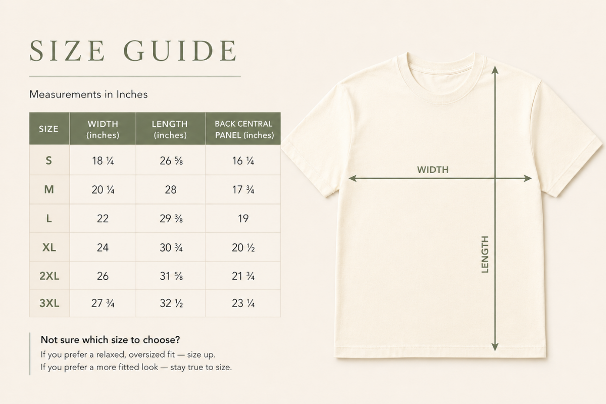 Size guide for Simply Happy Wear Comfort Colors 
shirts – width, length and back central panel 
measurements in inches for sizes S to 3XL