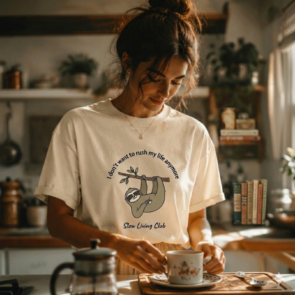 Woman wearing I Don't Want to Rush My Life 
Anymore sloth graphic tee in Ivory in a cozy 
kitchen holding a coffee cup – Slow Living 
Club Comfort Colors shirt
