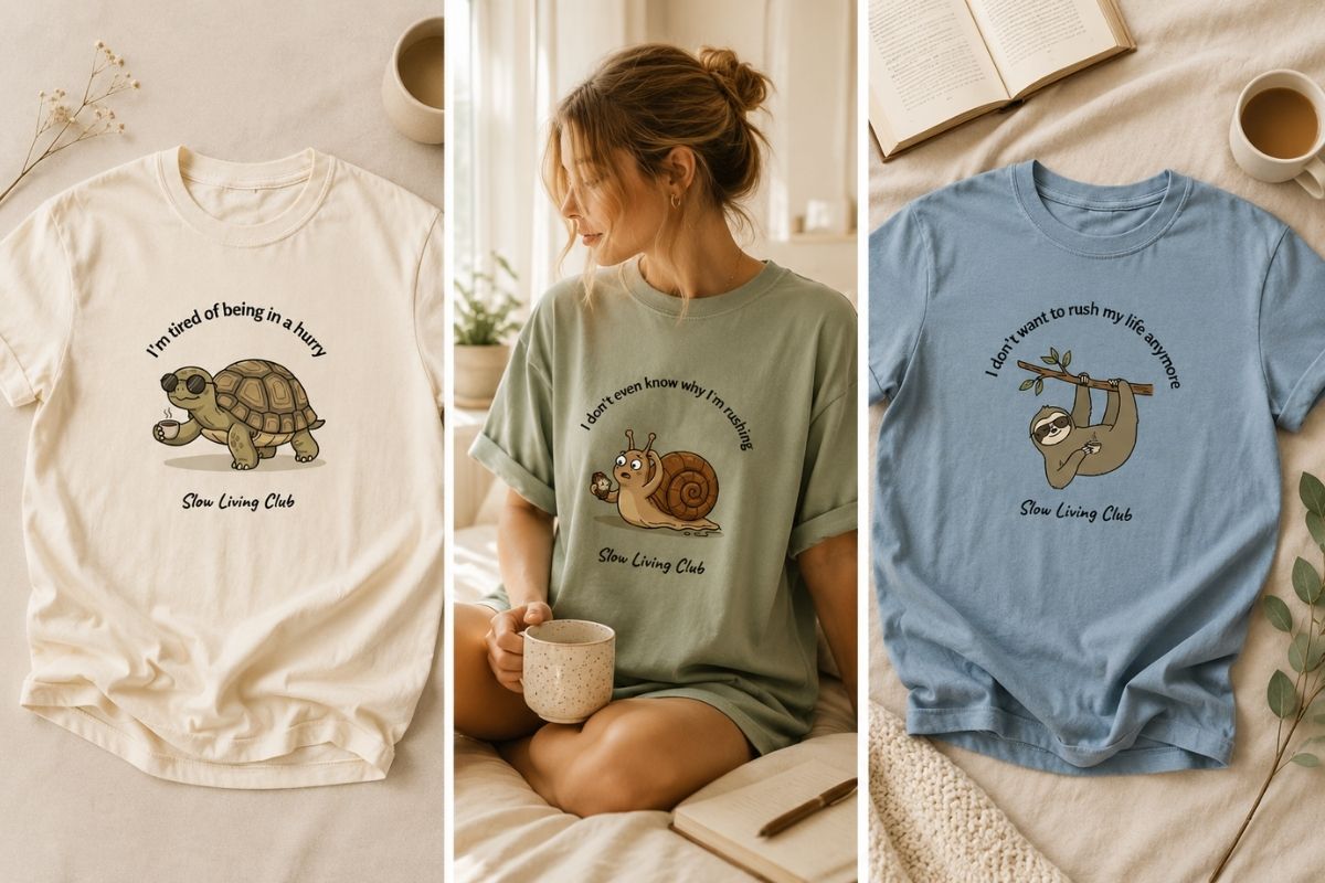 Minimalist slow living graphic t-shirts collage featuring a cartoon turtle, snail, and sloth in ivory, sage, and blue colors by Simply Happy Wear.