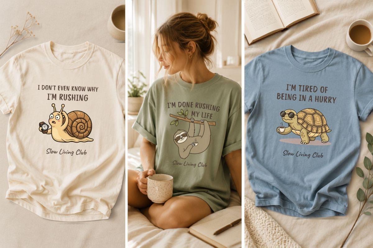 Minimalist slow living graphic t-shirts collage featuring a cartoon turtle, snail, and sloth in ivory, sage, and blue colors by Simply Happy Wear.