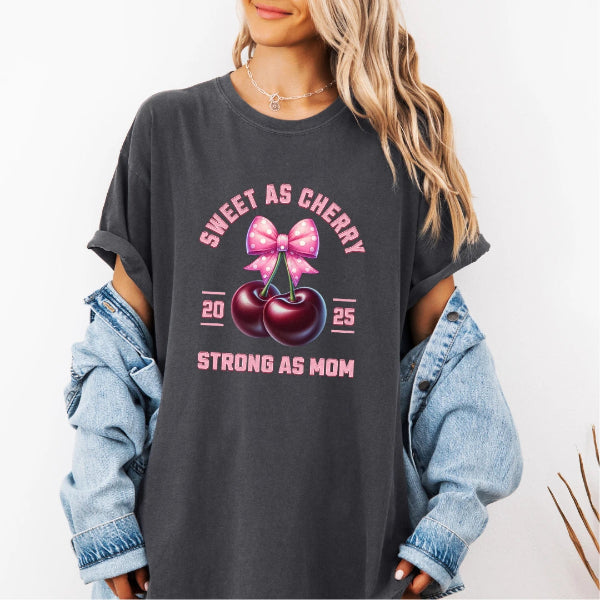 Sweet as Cherry Strong as Mom Comfort Colors charcoal t-shirt with dark cherries polka dot bow and varsity lettering – personalized Mother's Day gift