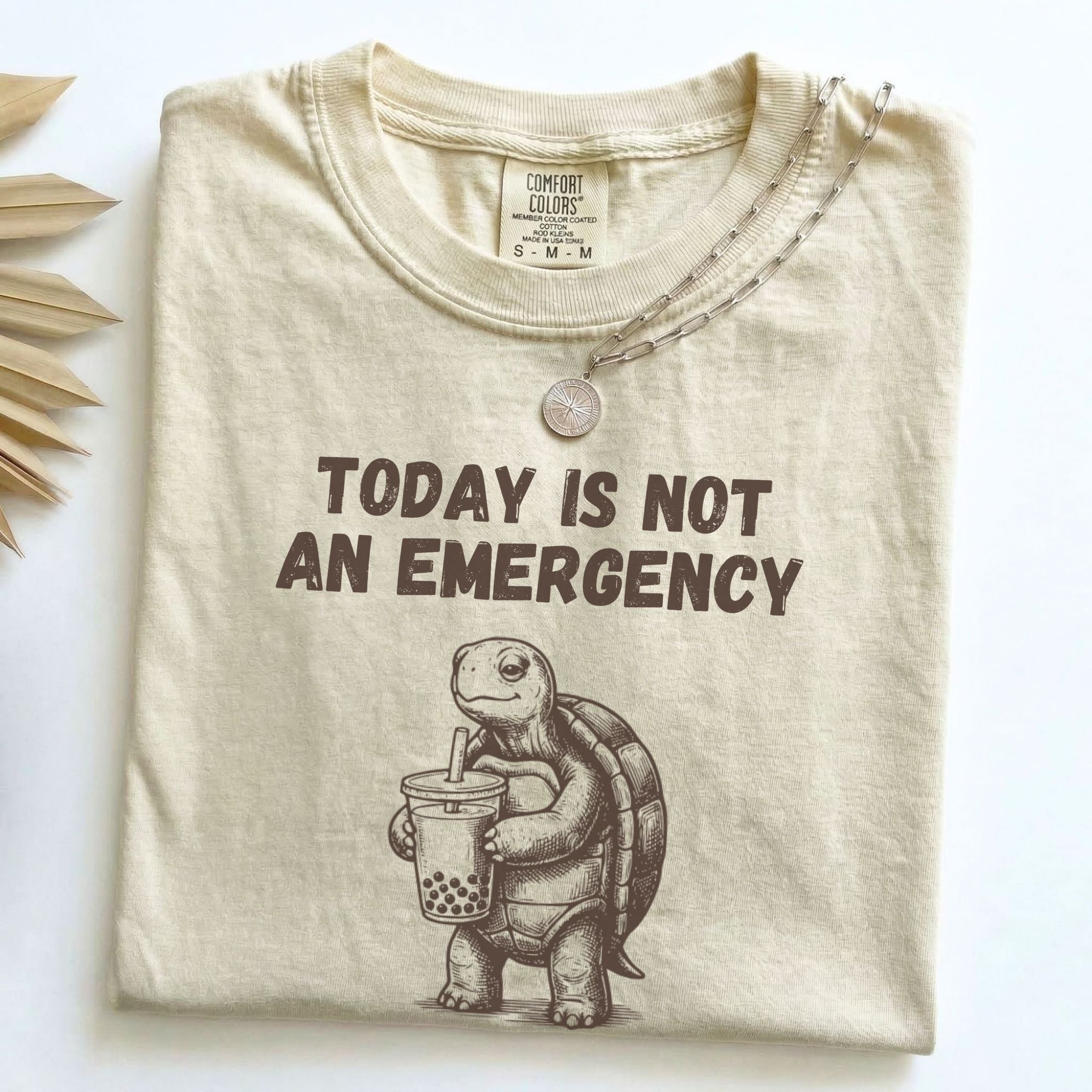 Today Is Not an Emergency turtle Comfort Colors tee in Ivory, folded flat lay with dried palm leaves