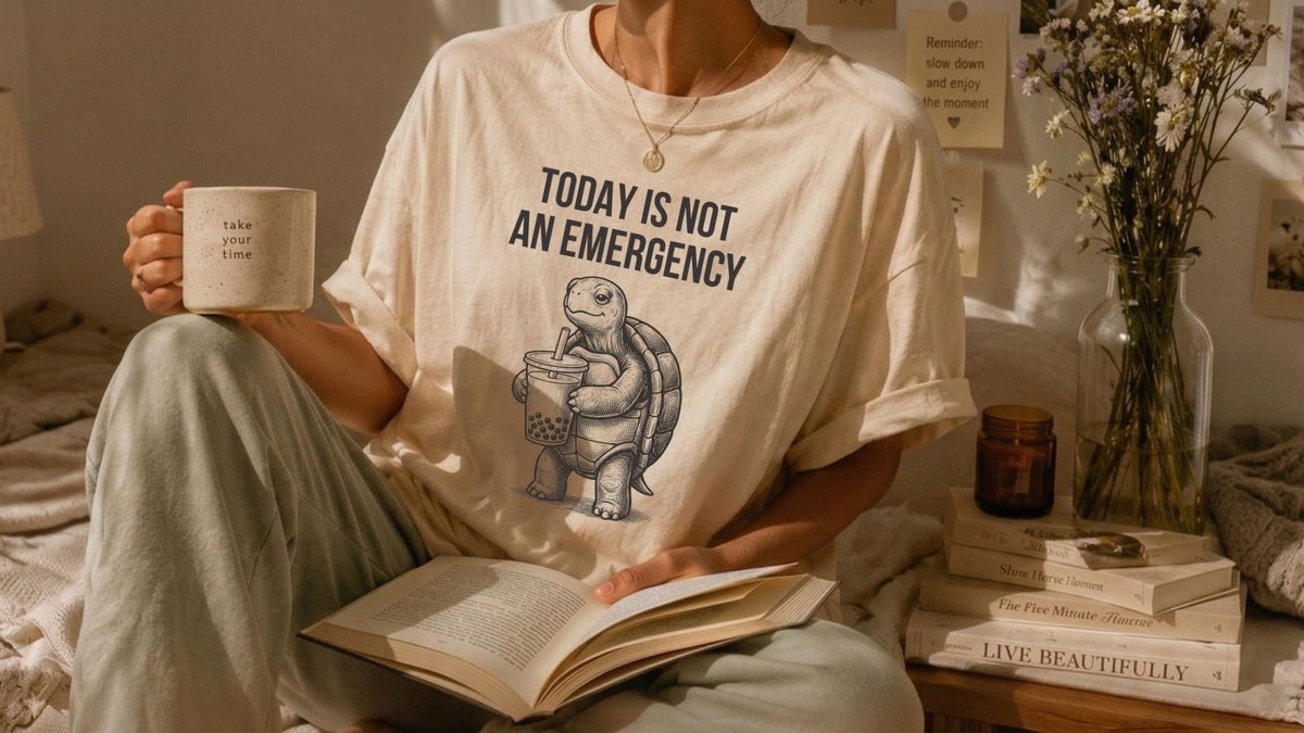 Close-up of a woman wearing a Today Is Not an Emergency turtle Comfort Colors tee while reading