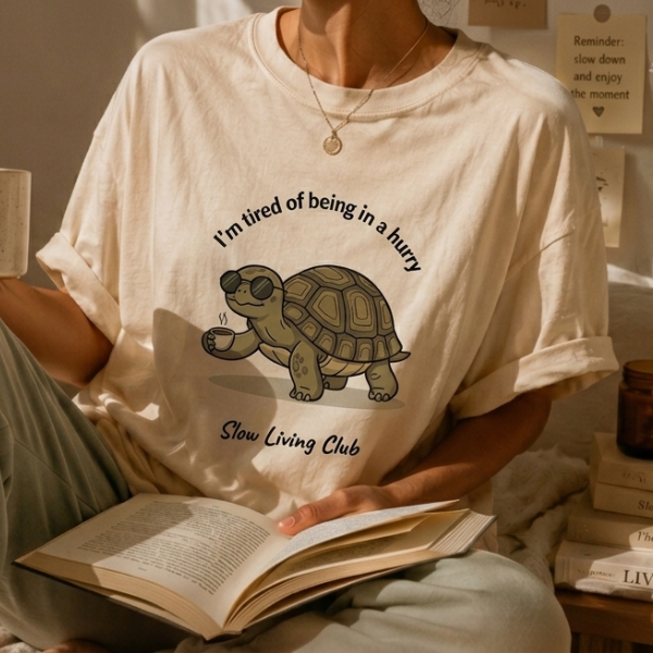 Woman wearing I'm Tired of Being in a Hurry 
turtle graphic tee in Ivory reading a book 
in a cozy setting – Slow Living Club 
Comfort Colors shirt