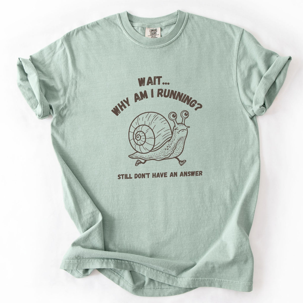 Wait Why Am I Running snail Comfort Colors tee in Bay green, flat lay product photo
